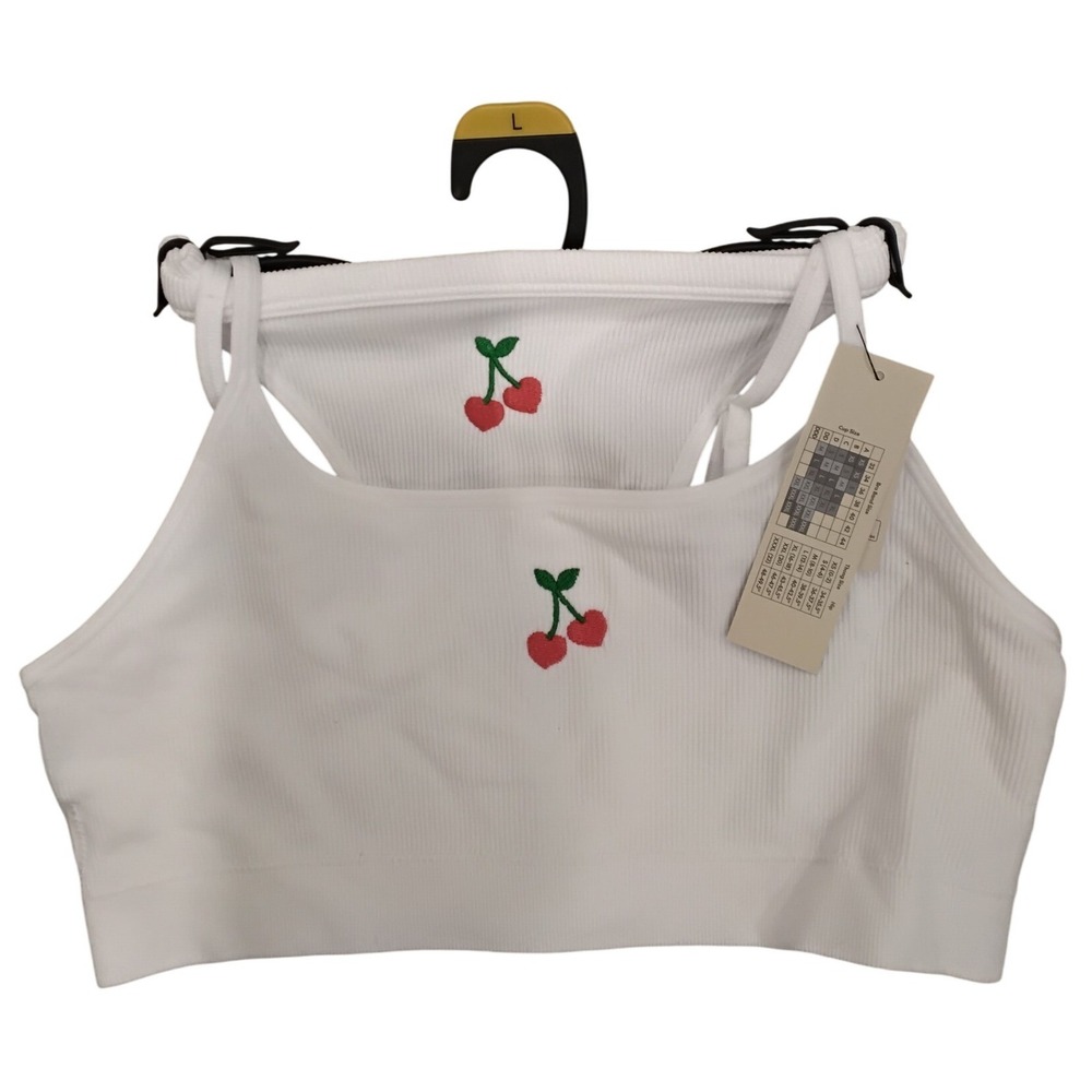 No Boundaries White Ribbed Cherry Embroidered Bralette and Thong Set Large NWT